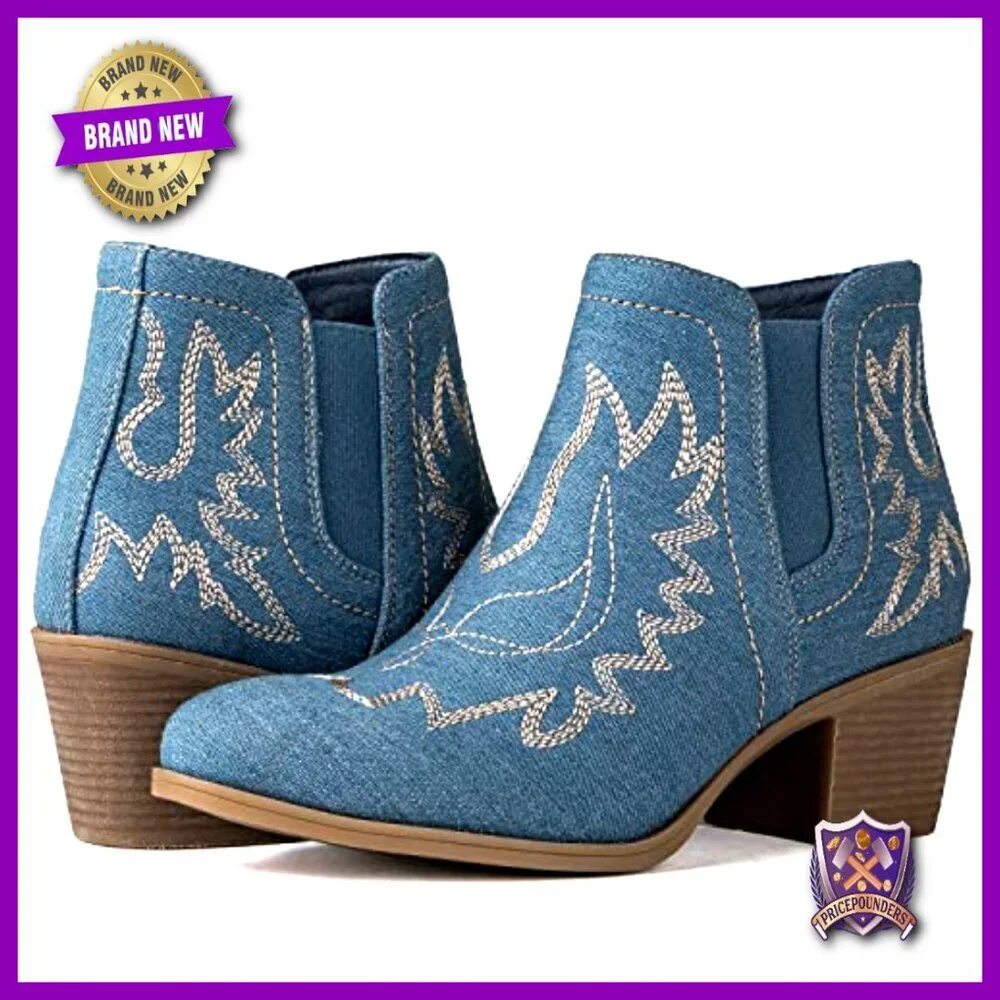 Western Cowgirl Ankle Boots Pull On Vegan Leather Low Heel Comfortable Chic